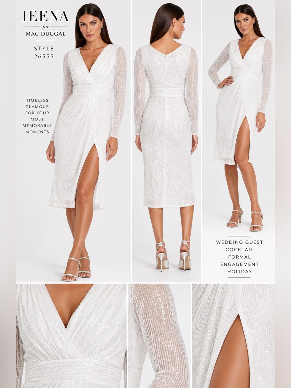 Mac Duggal Ieena White Sequin Long Sleeve Midi Dress Style 26555 NWT